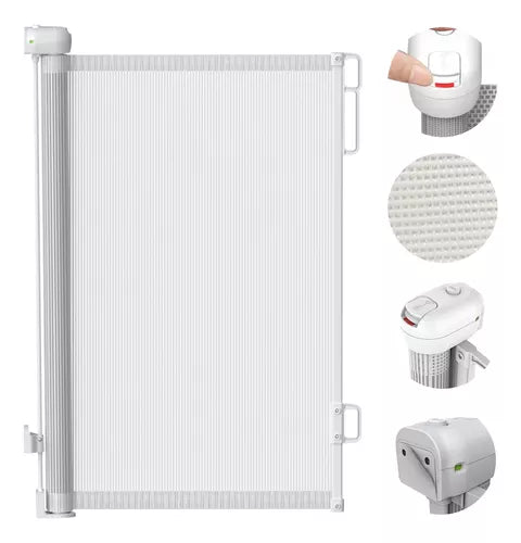 Portão De Segurança Retrátil Para Bebês, Crianças E Pets Com Tela De Pvc, Alumínio E Abs Branco