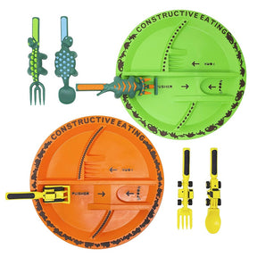 Conjunto de Pratos e Utensílios Infantil 4 peças com Tema de Construção