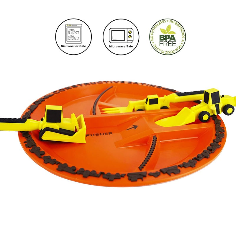Conjunto de Pratos e Utensílios Infantil 4 peças com Tema de Construção
